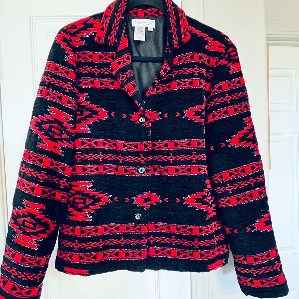 Coldwater Creek Black Red Southwestern Aztec Beaded Jacket Blazer Size Small